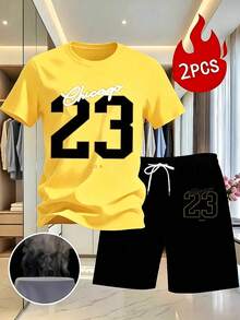 Mens Clothes Set Of 2pcs Including A White T-Shirt Featuring A Black And Golden '23' Print,Shorts That Have Golden '23' Accents And A White Drawstring - 黃色 - 查看 3