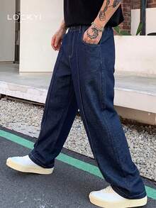 1pc Men's American Sports College Style Mid-Waist Button Loose Straight Leg Casual Pants Spring/Autumn - Blue - View 3