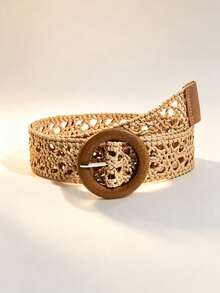 1pc Women's Beige New PP Straw Knotted Round Wooden Button Dress, Decorative Waist Shaping Fashion Style - Khaki - View 1