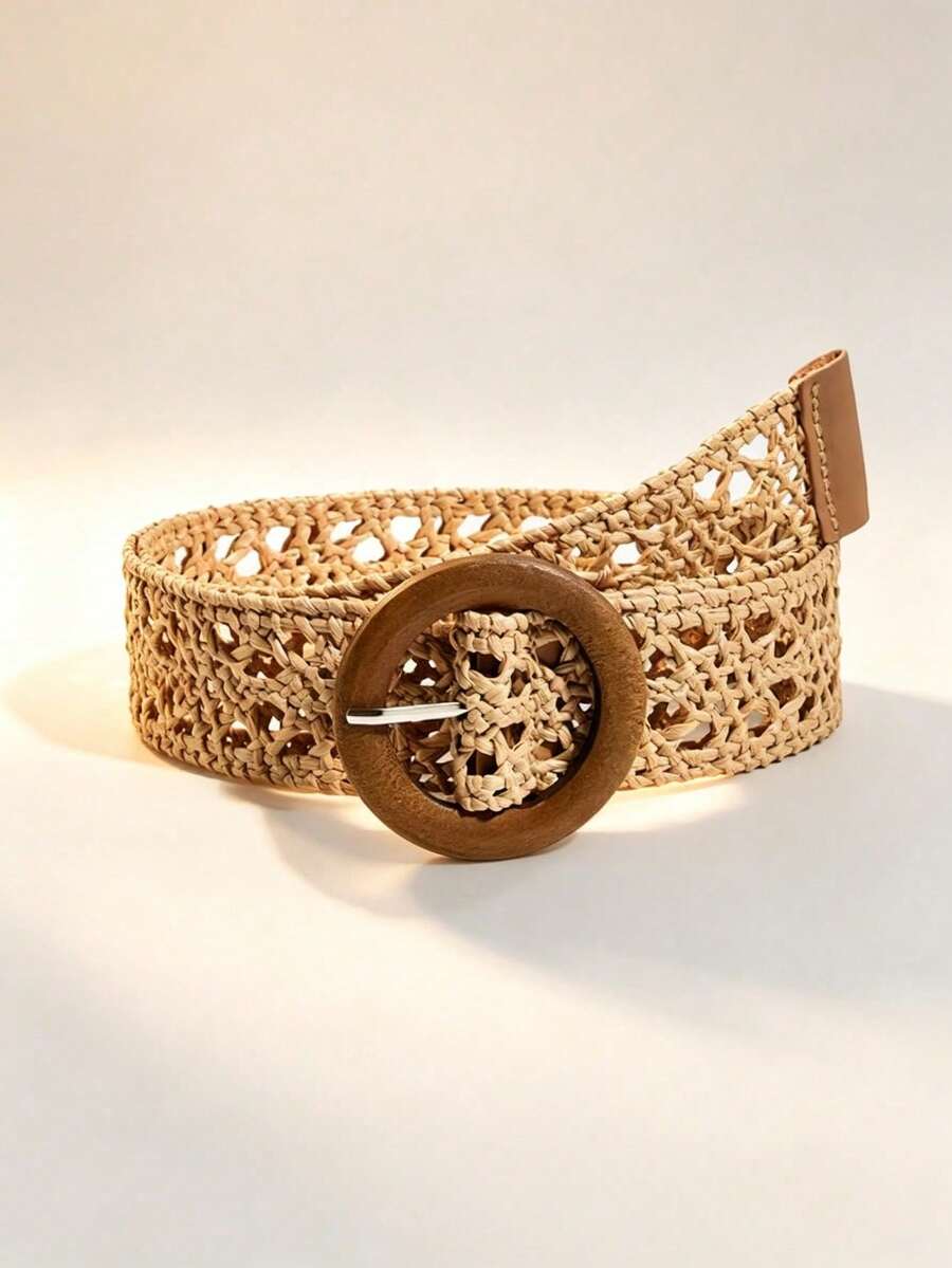1pc Women's Beige New PP Straw Knotted Round Wooden Button Dress, Decorative Waist Shaping Fashion Style - Khaki - View 1