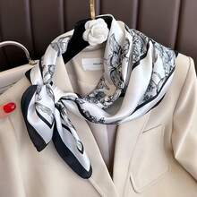 1pc Premium White Floral Print Long Ribbon Scarf, Vintage Artistic Style Square Scarf For Suit Matching And Tie Decoration - Multicolor - View 3