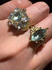 2pcs French Vintage Olive Green Zirconia Rings, Luxury Design Open Rings, Suitable For Women's Daily Wear - Green - View 1