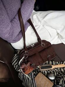 SIMUTINE 1件女款復古時尚工裝風法棍腋下包，仿麂皮與光滑PU皮革拼接，雙口袋配腰帶扣裝飾，長手提肩帶，結構感長包型，適合日常出遊、校園通勤、秋冬穿搭場景（不含吊飾） - 酒紅色 - 查看 8