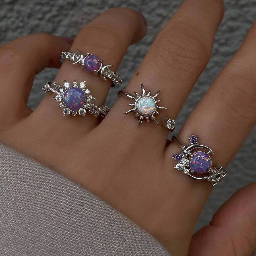 Set de 4 anillos con piedras preciosas de sol y luna de moda, regalo para el Día de San Valentín, Día de la Madre, cumpleaños - Multicolor - Ver 1