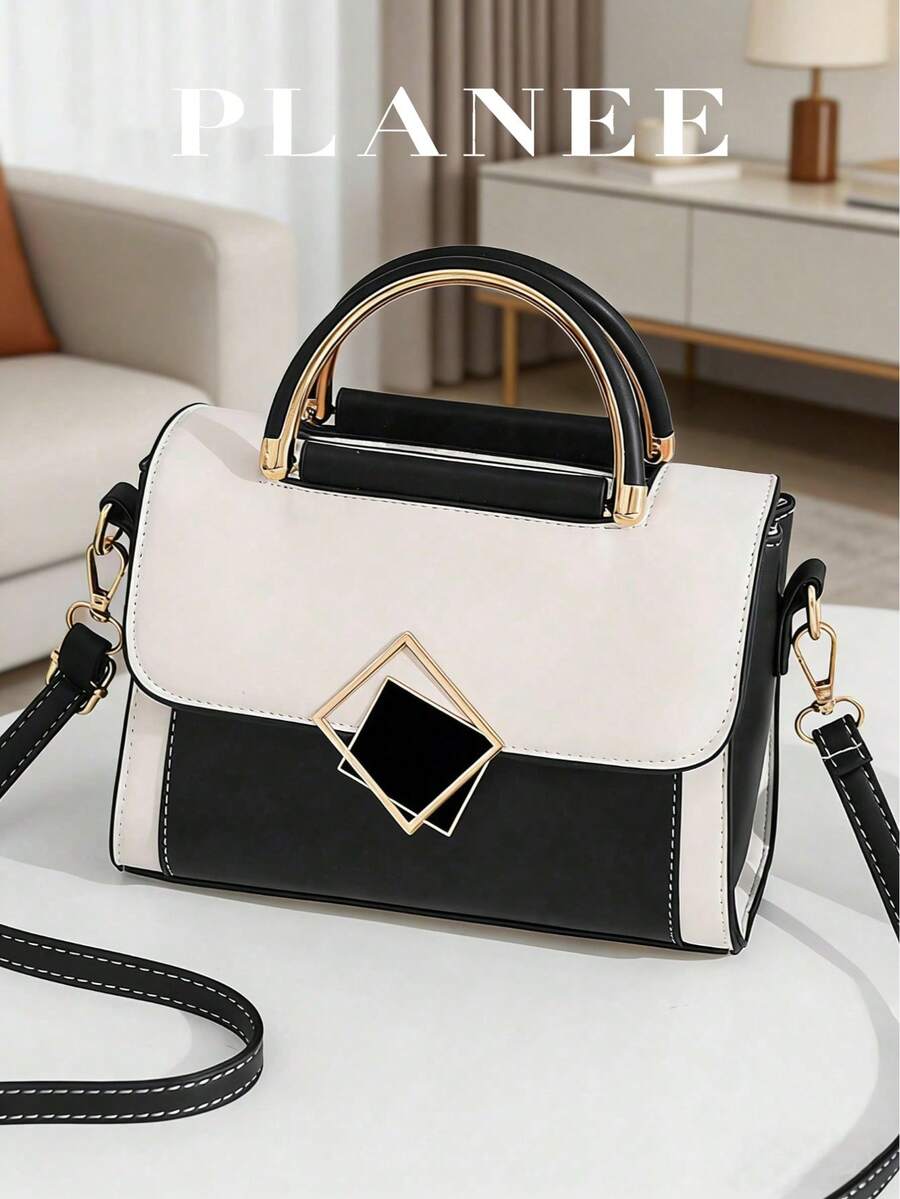 Bolso de mano con contraste de color negro y blanco | Bolso de mano minimalista con cierre geométrico | Bolso cruzado multifuncional adecuado para el trabajo y las citas - Blanco y Negro - Ver 1
