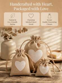 8pcs/15pcs Heart Burlap Drawstring Gift Bags, Small Linen Pouches With Heart Patch, Multi Color Reusable Fabric Treat Bags For Wedding Favor, Bridal Shower, Holiday Party Storage - Diverse - View 8