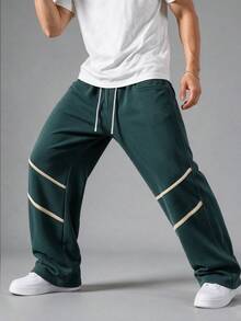 NcmRyu Men's Straight Leg Sports Pants, Contrast Stripe Detail, Drawstring Elastic Waist, Casual Sports Training Jogging Pants - Green - View 2