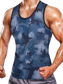 Chaleco deportivo de compresión para hombres, camiseta de tirantes que induce la sudoración de sauna, camisa de compresión de pecho ajustada (pedir una talla talla grande grande) otoño - Neblina azul - Ver 4