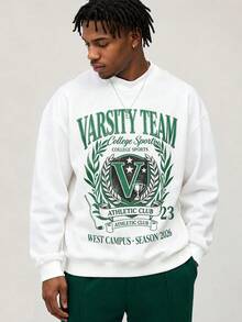 Men's Spring/Autumn University Sports Print Crew Neck Long Sleeve Loose Casual Sweatshirt - White - View 1