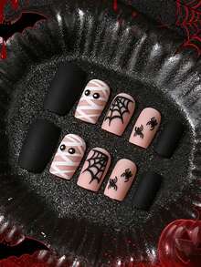 Best-Selling 3D Embossed Halloween Mummy Spider Web Short Square Press-On Nails, 24pcs Removable - Multicolor - View 3