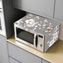 2D Flat Decorative Microwave Cover - Butterfly, Flower & Leaf Pattern Design, For Dust Protection, Modern Kitchen Appliance Protection And Home Decor - Grey - View 5