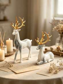 Water-Transferred Resin Ornament, White Marble Texture, Suitable For Living Room, Bookshelf, Office Desk Decoration (Water-Transferred Craft, Color Position May Vary Slightly) - Patterned Deer - View 12