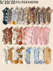 5/10/20 Pairs Random Style Women's Vintage 3D Embossed Court Style Fashion Versatile Comfortable Breathable Short Socks - Multicolor - View 12
