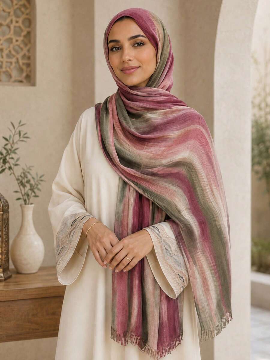 Women's Hand Tie-Dye Contrast Gradient Hijab Scarf, Soft Lightweight Breathable Oversized Headscarf Shawl Wrap For Muslim Women, Vintage Boho Scarf - Pomegranate Red 3# - View 1