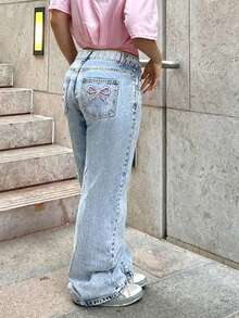 Tween Girls' Oversized Casual Bow Embroidered Straight Leg Wide Leg Jeans - Light Wash - View 4