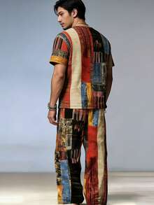 Vintage Colorblock Men's Set, Bohemian Style Casual Short Sleeve Top + Loose Long Pants, Vacation Beach Outfit - Multicolor - View 3