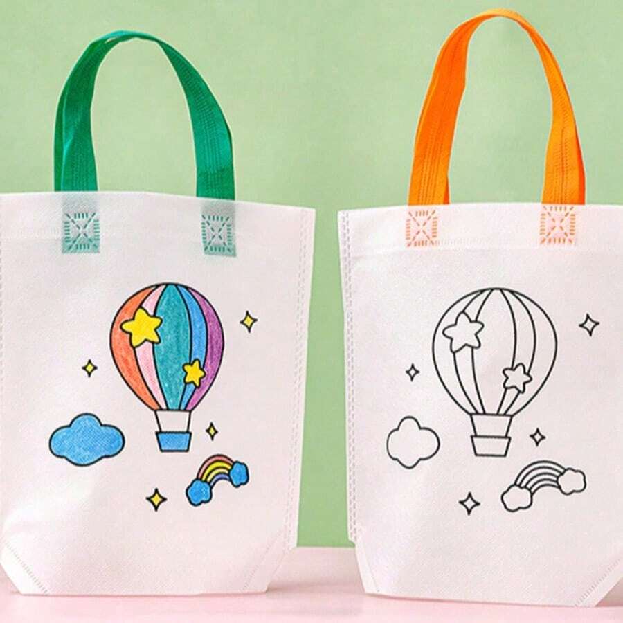 6/12/24pcs Reusable DIY Doodle Non-Woven Shopping Bags - DIY Doodle Bags, Children's Kindergarten Handmade Coloring Painting Materials, Educational Coloring - Random Style Patterns And Rope Colors