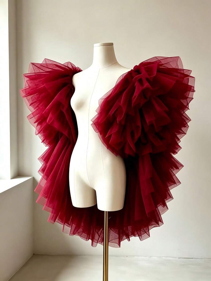 1pc Burgundy Sheer Tulle Shoulder Shawl Fairycore Bridal Mesh Wrap Elegant Cape For Wedding Evening Party Halloween Cosplay Stage Photoshoot