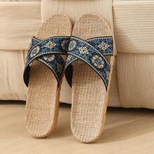 Spring/Summer Women's Home Slippers Cross Strap Linen Slippers Vintage Floral Pattern Breathable All-Season Indoor Floor Slippers Beach Vacation Comfortable Slippers - Navy Blue - View 7