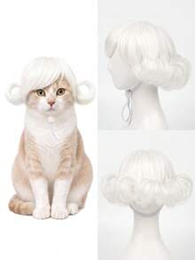 1 Pet Cat And Dog Wig, White Curly Hair With Bangs Style Short Hair Accessory, Suitable For Cats And Dogs To Wear, Suitable For Taking Fun And Funny Holiday Pet Photos, Attending Theme Parties, Birthday Parties, And Daily Outfits - White - View 3