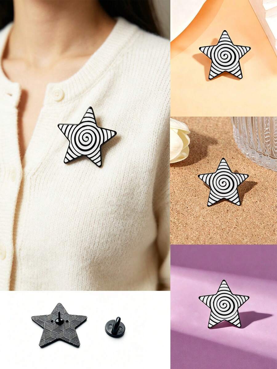 1pc Black & White Pentagram Brooch, Personalized Pattern Design, Minimalist Cool Style, Small & Exquisite, Anti-Exposure, Decorate Collar, Jacket, Hat, Backpack, Showcase Unique Aesthetic, Easily Elevate Outfit Sophistication - Black and White - View 1