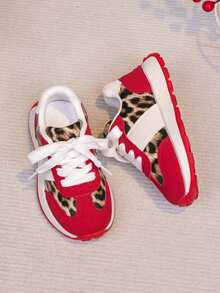 Kids Red-Brown Leopard Print Colorblock Lace-Up Sneakers With Shock-Absorbing Rubber Sole, Casual Daily Wear Shoes - Red - View 2