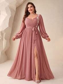 SUPGIR Plus Size Lantern Sleeve Embroidered Beaded Decorated Ruched Chest Small V-Neck Slit Evening Dress - Dusty Pink - View 3