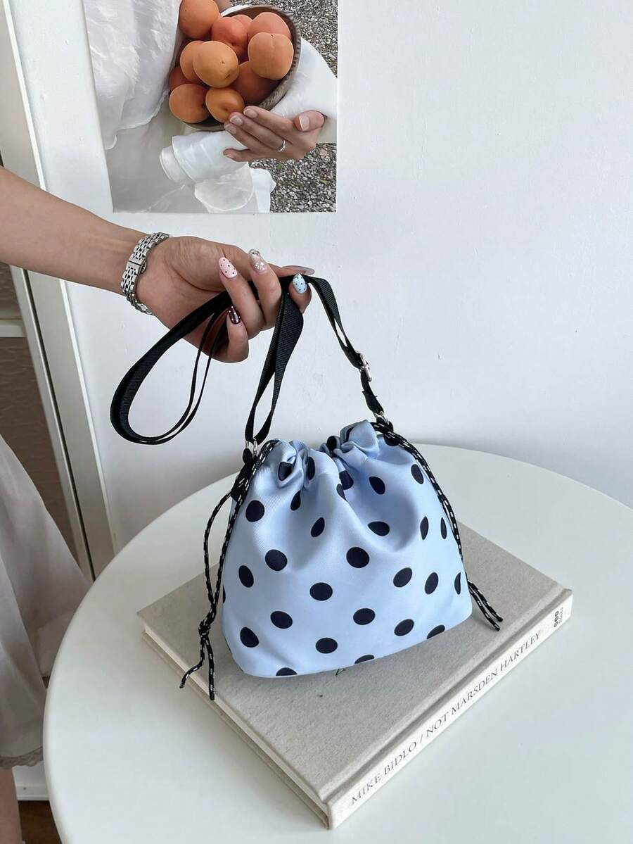 1 pieza Bolso cubo de nailon de unicolor con cordón y patrón de lunares, bolso bandolera de moda para mujer - Celeste - Ver 1