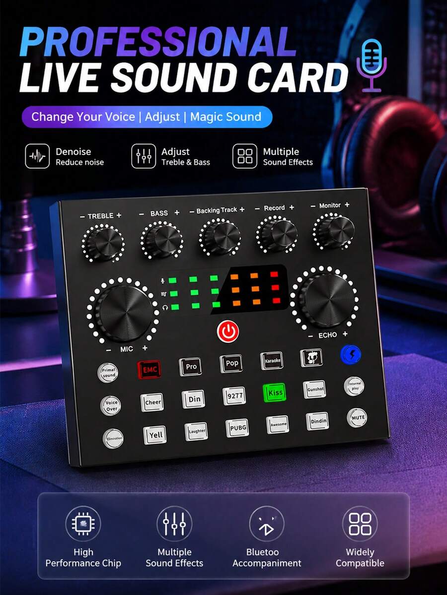 YAIUZGOO Live Streaming Sound Card Audio Mixer With Voice Changer And Sound Effects, Noise-Canceling Microphone Controller, Bass And Treble Adjustment, Suitable For Gaming, Live Streaming, Singing, Podcast And Karaoke Recording Equipment - View 1