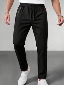 Men's Elastic Drawstring Waist Straight Leg Casual Pants With Side Zipper Pockets, Minimalist Solid Color, Everyday Casual Commute Sports Long Pants - Black - View 1