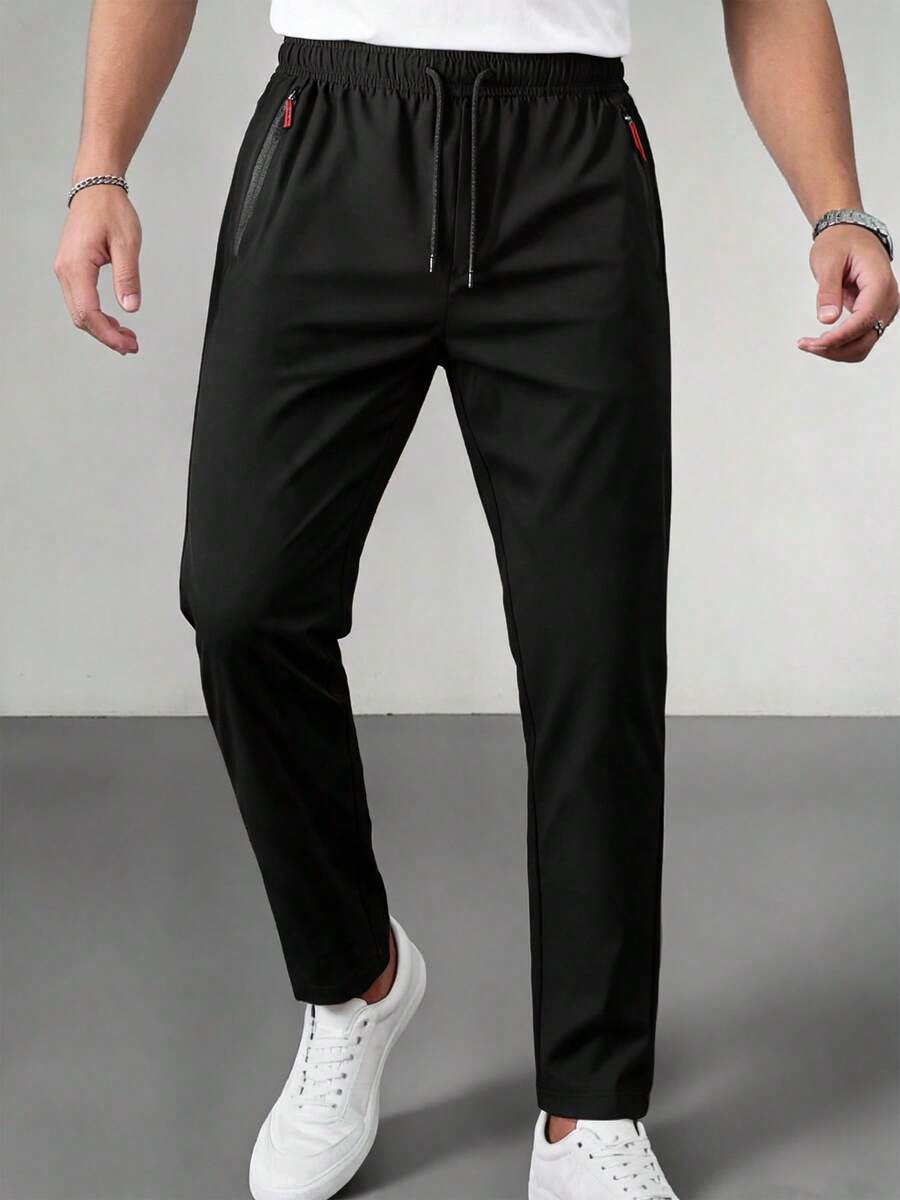 Men's Elastic Drawstring Waist Straight Leg Casual Pants With Side Zipper Pockets, Minimalist Solid Color, Everyday Casual Commute Sports Long Pants - Black - View 1