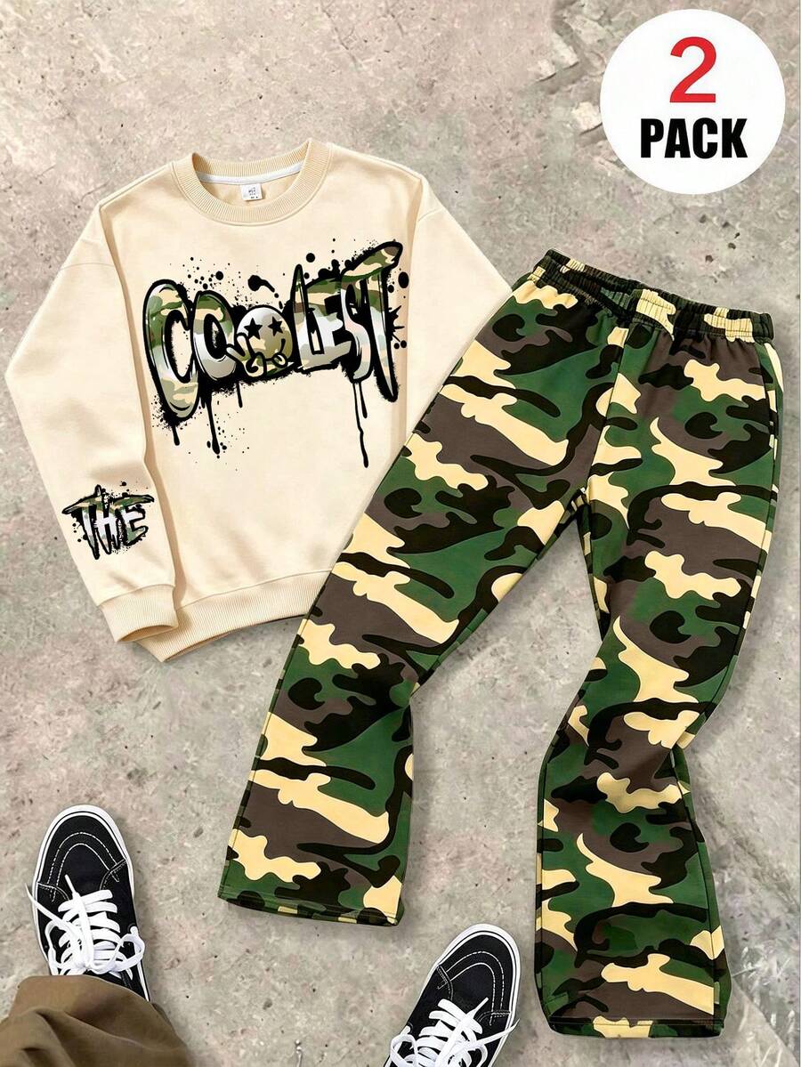 Große Jungen Graffiti Buchstaben Muster Rundhals Sweatshirt + Camouflage Weite Hose 2-teiliges Set, Herbst/Winter Outfit, Campus Stil, Schulanfang Look - Aprikosenfarben - Übersicht 1