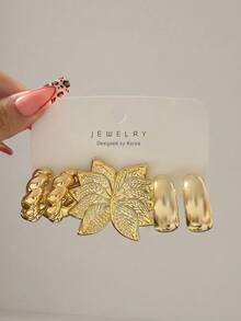 6/18pcs Gold Fashion Elegant Earring Set, Flower, Leaf, Water Drop, C-Shape, Suitable For Women's Daily Wear - Yellow Gold - View 7