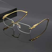New Neutral Style Rectangular Rimless Engraved Metal Leopard Print Fashion Non-Prescription Glasses, Versatile High-End, Suitable For Daily Wear, Commuting And School Entry - Clear - View 2