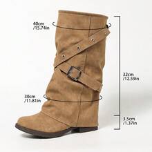 Camel Strap Buckle Detachable Leg Boots Slip-On Chunky Low Heel Round Toe Elegant Versatile Comfortable Vacation Commute Daily Fashion Mid-Calf Boots Women's - Camel - View 5