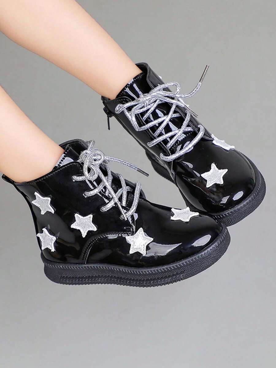 Girls' Shiny Boots With Silver Star Decor, Lace-Up And Side Zipper, Non-Slip Ankle Boots - Black - View 1
