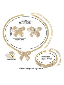 金色蝴蝶結水鑽 4 件套珠寶飾品組，蝴蝶結吊墜項鍊、垂墜式耳環、手鍊、戒指，婚禮新娘舞會晚宴派對造型飾品 - 金色 - 查看 4