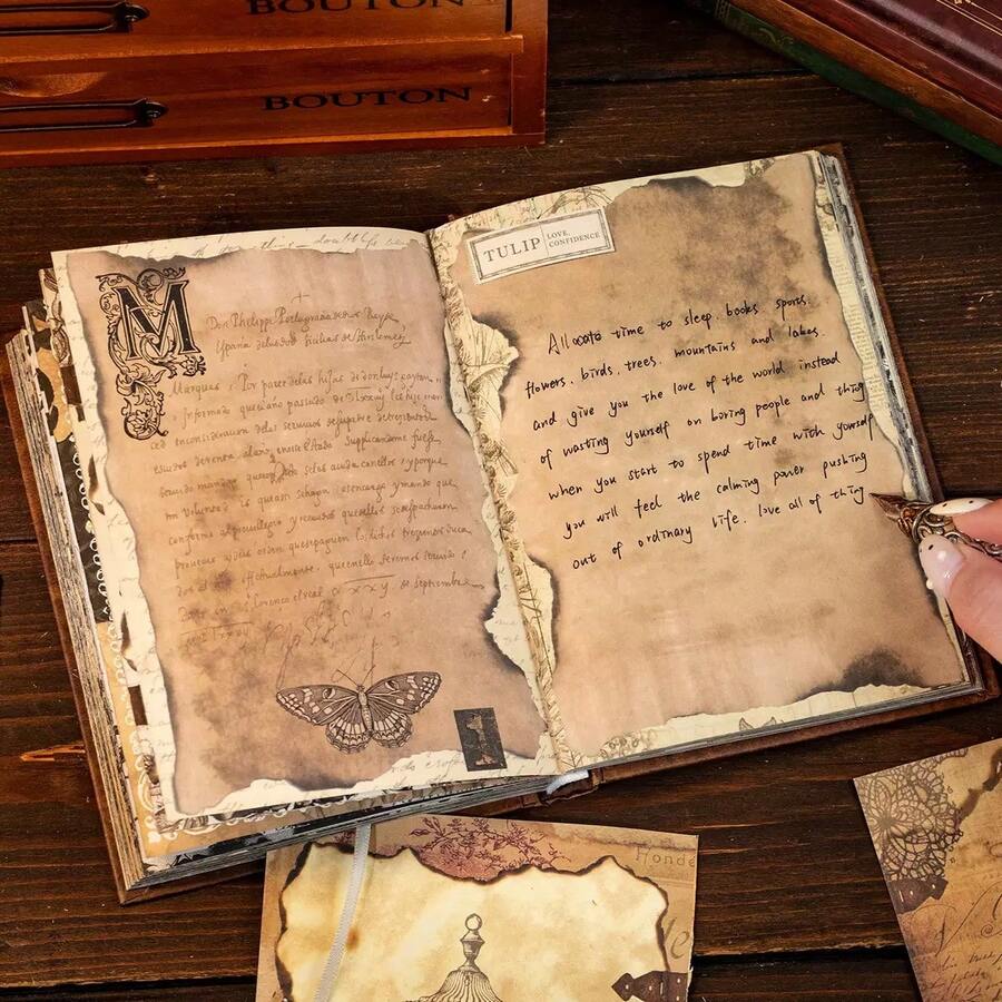 1pc Vintage Material Notebook 192 Pages, European Vintage DIY Planner Material, Writable Letter Paper Material, Suitable For Journaling, Planner, Background, Sticker Storage, Recording Life - Century Anthem - View 1