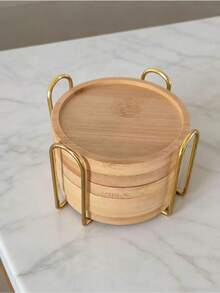 Bamboo Coaster Set With Holder - Natural Wood Coasters Waterproof Heat-Resistant For Home/Bar/Kitchen Decor - Wood Color - View 3