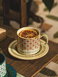 DearDali Set Cangkir dan Piring Keramik 1 Buah, Cangkir Kopi Vintage dengan Desain Pola Geometris, Set Teh Sore, Cangkir Hadiah Artistik, Peralatan Makan Restoran, Mug, Cangkir Hadiah Thanksgiving, Cangkir Dekorasi Meja, Hadiah, Ornamen Dekorasi Rumah - MultiWarna - View 1