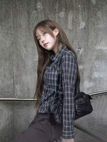 韓式秋季新款百搭設計抽繩格紋短袖襯衫上衣女款 - 黑色格紋 - 查看 4