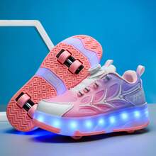 Unisex LED Rechargeable Light-Up Roller Shoes, Children's Multi-Function Transformable Roller Skates With Detachable Wheels, Suitable For Outdoor And Sports, All Seasons - Pink - View 4