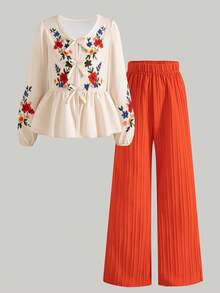 Tween Girls' Casual Fashion Vintage Floral Print V-Neck Tie-Front Umbrella Hem Long Sleeve Top And Straight Leg Pants 2-Piece Set, Spring/Autumn - Burnt Orange - View 2