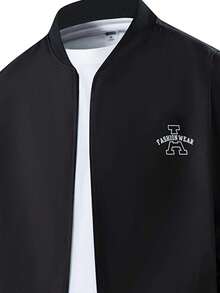 Men's Solid Black Baseball Collar Bomber Jacket, Small Letter Logo Embroidery Zip Up Long Sleeve Loose Casual Daily Outerwear Coat - Black - View 6