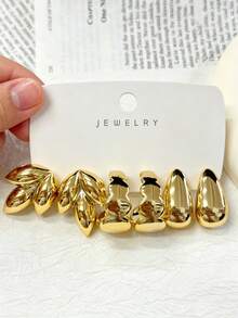 1 Pair - 9 Pairs Leaf, Water Drop, Square Earrings With Textured Stripes, Flower Asymmetrical Exaggerated Earrings Set, Resin Material, Suitable For Daily Wear. - Yellow Gold - View 10