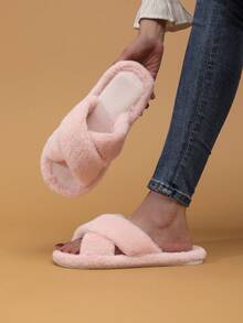 Women's Open Toe Slippers, Solid Color, Elegant Fashionable Fabric Cross Strap, European And American Style, Quiet Home Slippers, All Season - Pink - View 1