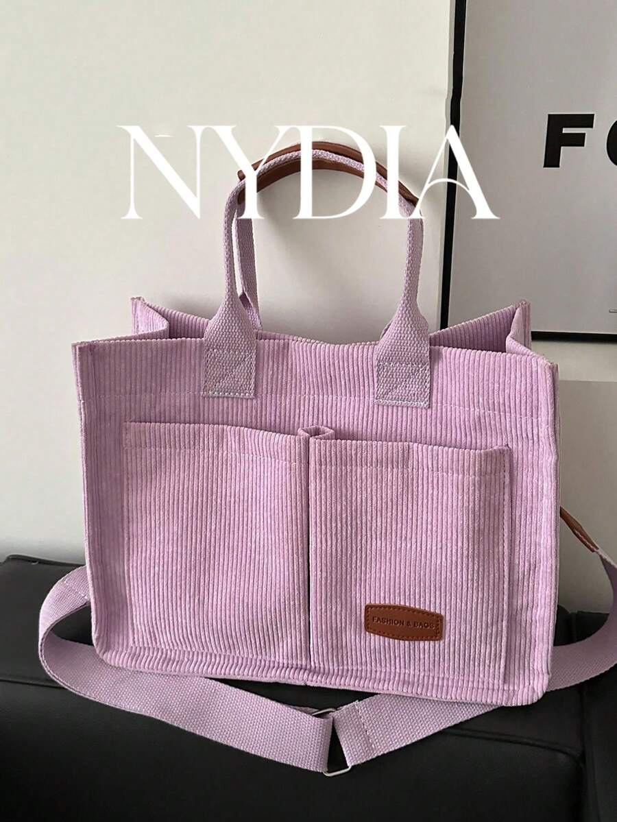 Bolso de mano plegable de pana a rayas, de gran capacidad - Morado - Ver 1