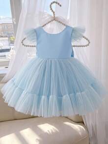 Baby Girls Blue Cap Sleeve Wedding Flower Girl Tulle Dress With 3D Bow Decor, Elegant Party Princess Dress Suitable For Baby's 1st Birthday, Party, Formal Occasion, Wedding - 藍色 - 查看 2
