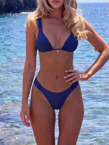 Maiô Bikini Azul Sexy e Fashion para Mulheres Primavera/Verão com Pingente Floral, Roupa Elegante e Casual para Férias na Praia, Adequada para Festivais de Música, Festas na Praia, Surfe e Mais, Feito de Tecido de Alta Elasticidade, Confortável e Fofo, Maiô de Duas Peças Sem Costas - Azul - Visão 1