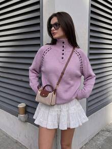 Women's Autumn/Winter New French Style Stand Collar Half-Button Stand Collar Knitted Sweater, Contrast Color Piping Raglan Sleeve Loose Pullover - Pink - View 4